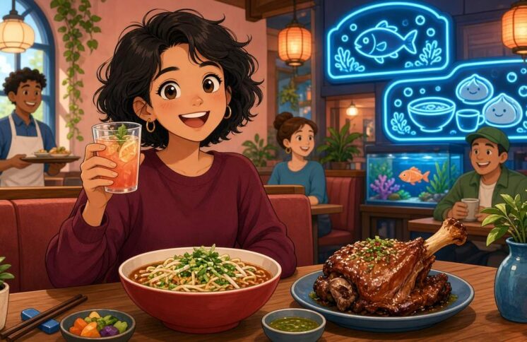 Is It Still A Quiet Dinner When Lamb Shank, Noodles And A White Bottle Join The Table - comic illustration