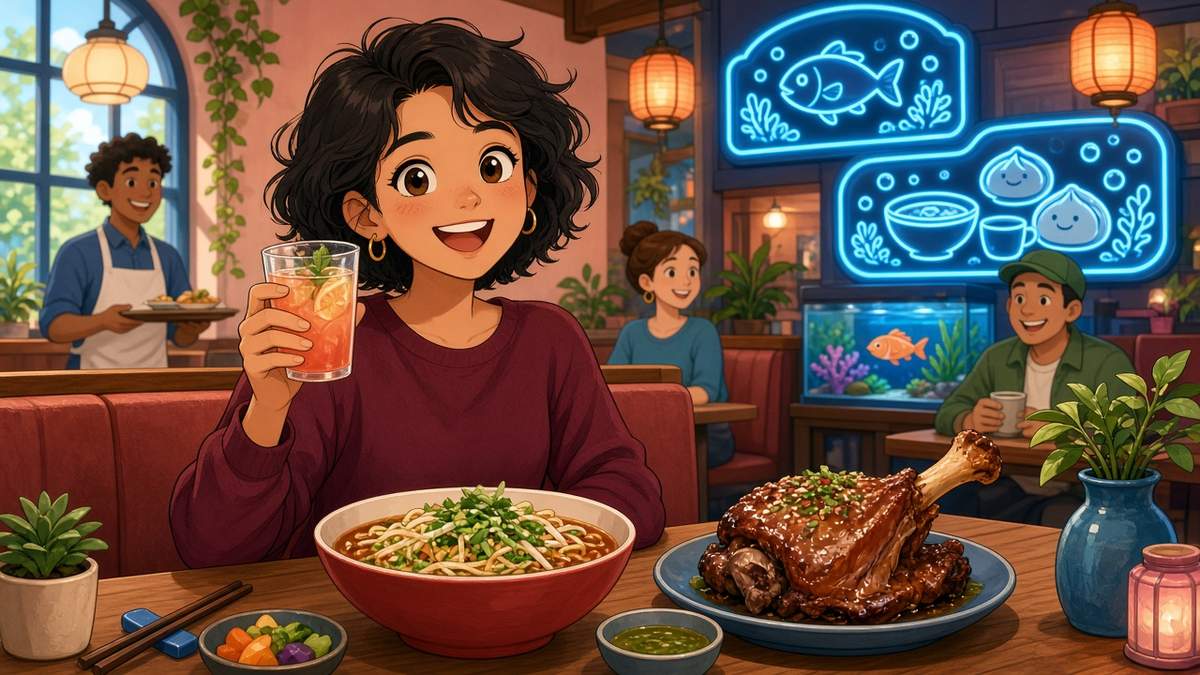Is It Still A Quiet Dinner When Lamb Shank, Noodles And A White Bottle Join The Table - comic illustration