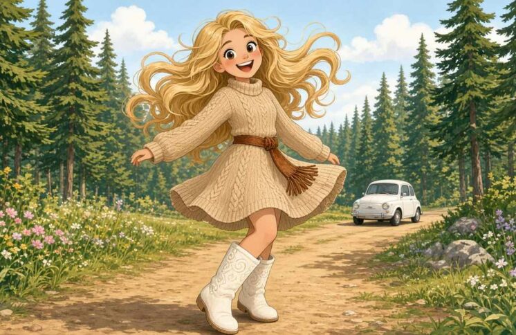 Can A Sweater Dress Survive A Windy Forest Road And A Very Dramatic Hair Moment - comic illustration
