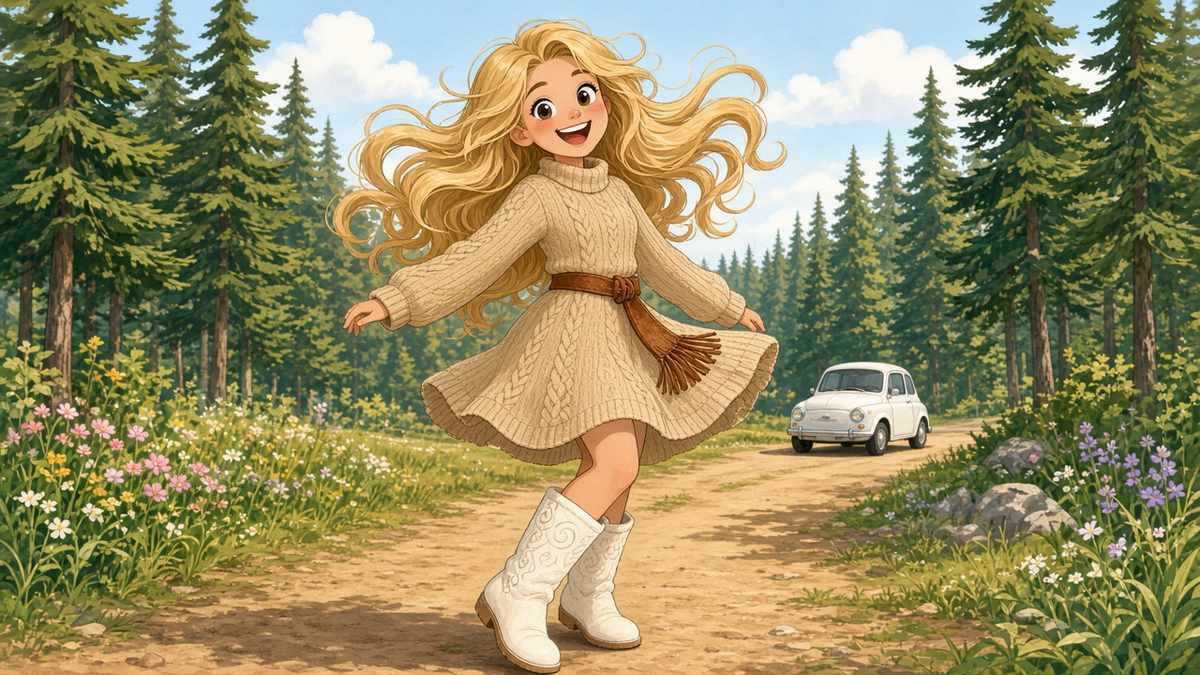 Can A Sweater Dress Survive A Windy Forest Road And A Very Dramatic Hair Moment - comic illustration